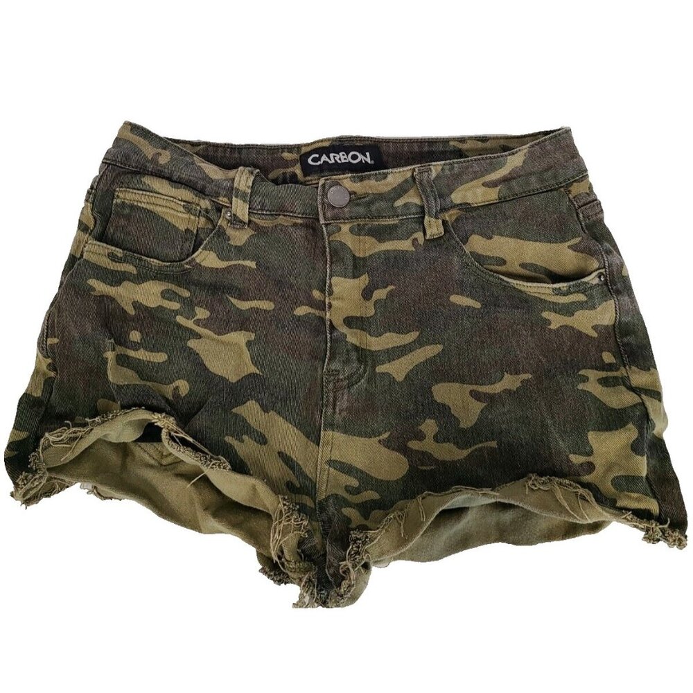Vintage Y2K Carbon Green Camouflage Denim Shorts Womens Size 34 Mid Rise Raw Hem